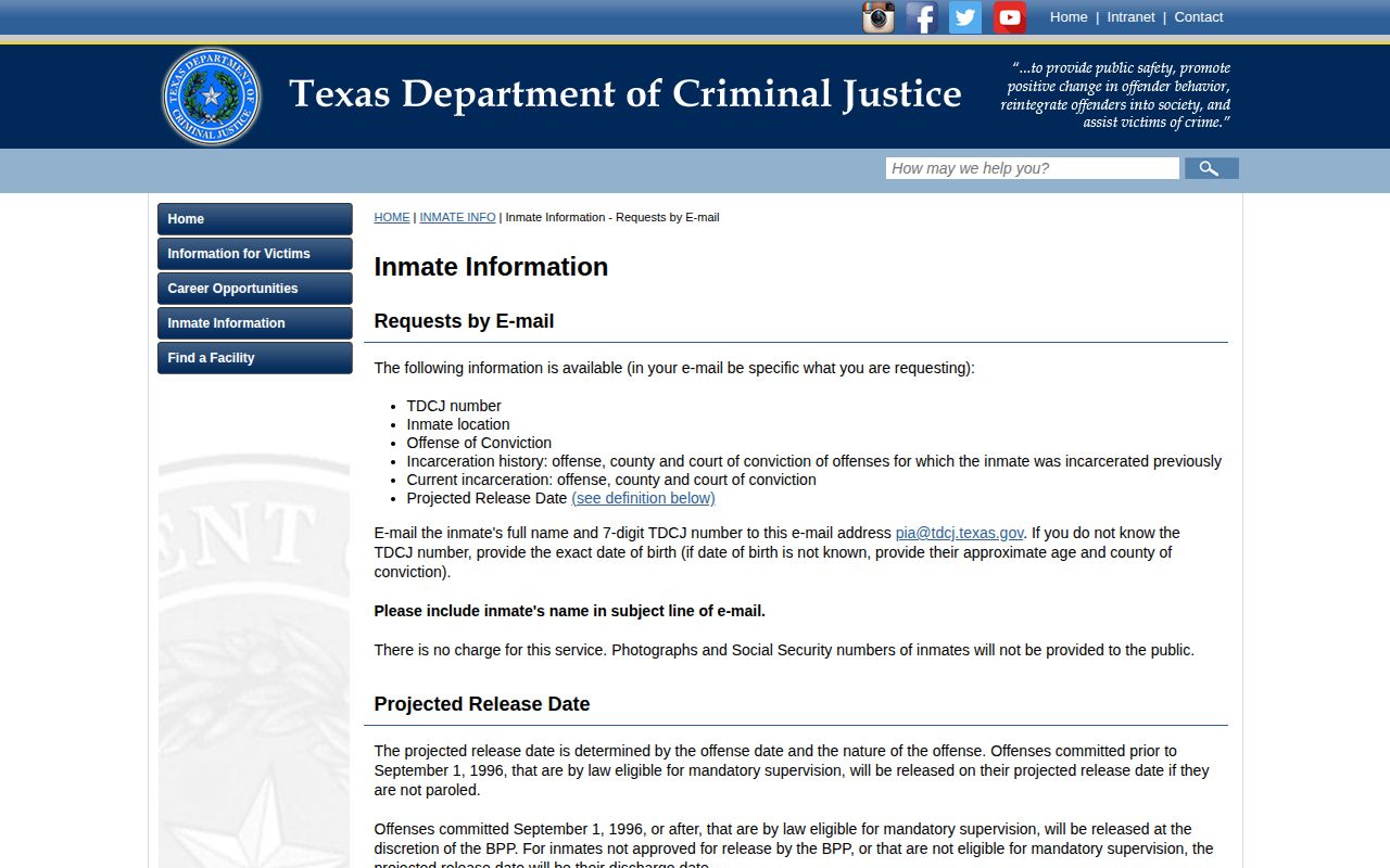 TDCJ page explaining the Projected Release Date field and email request