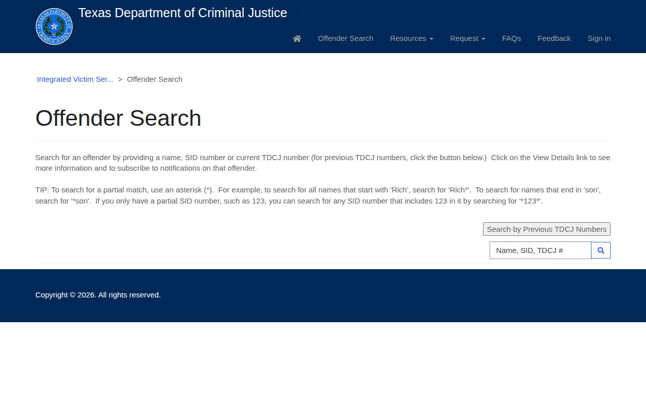 Texas IVSS state-prison and parole offender search interface
