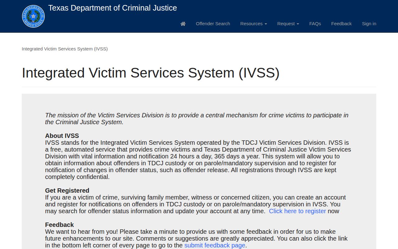 TDCJ IVSS custody and parole notification page for Texas