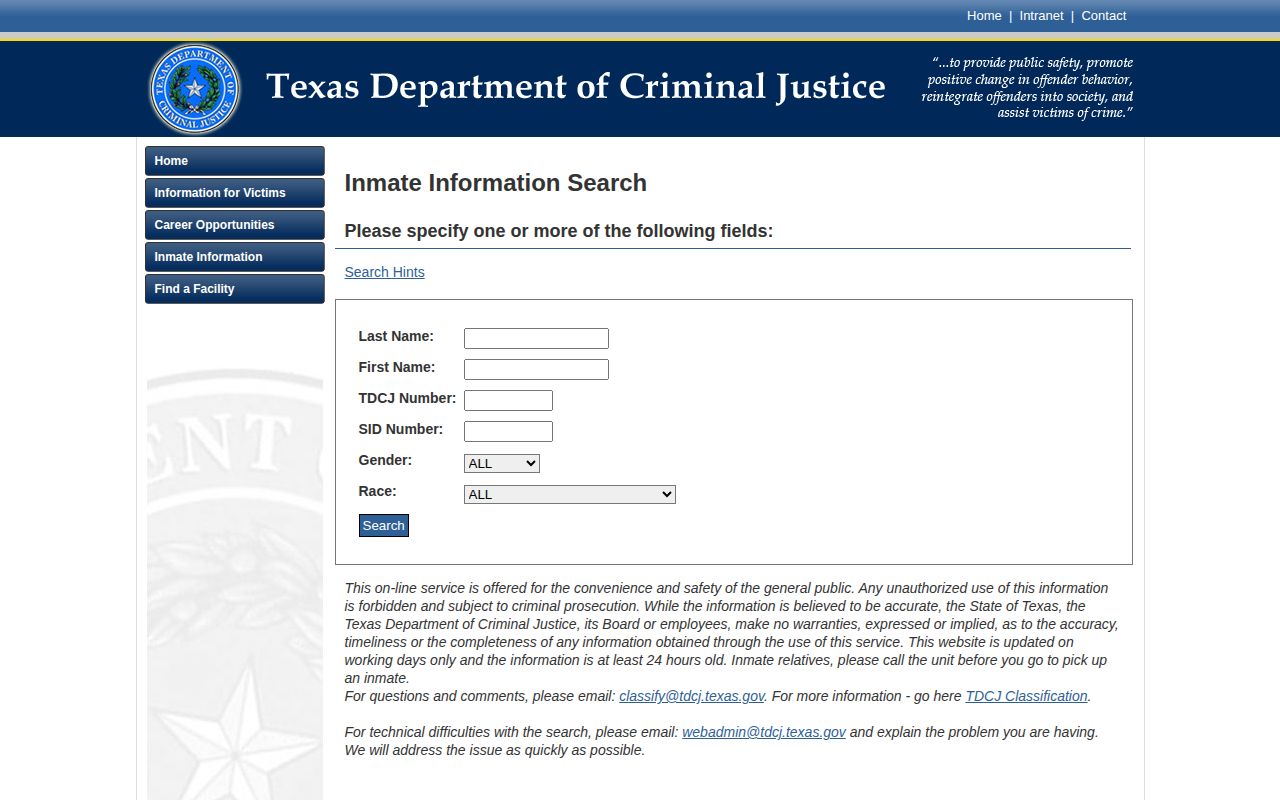 Frio County released inmate TDCJ search fields